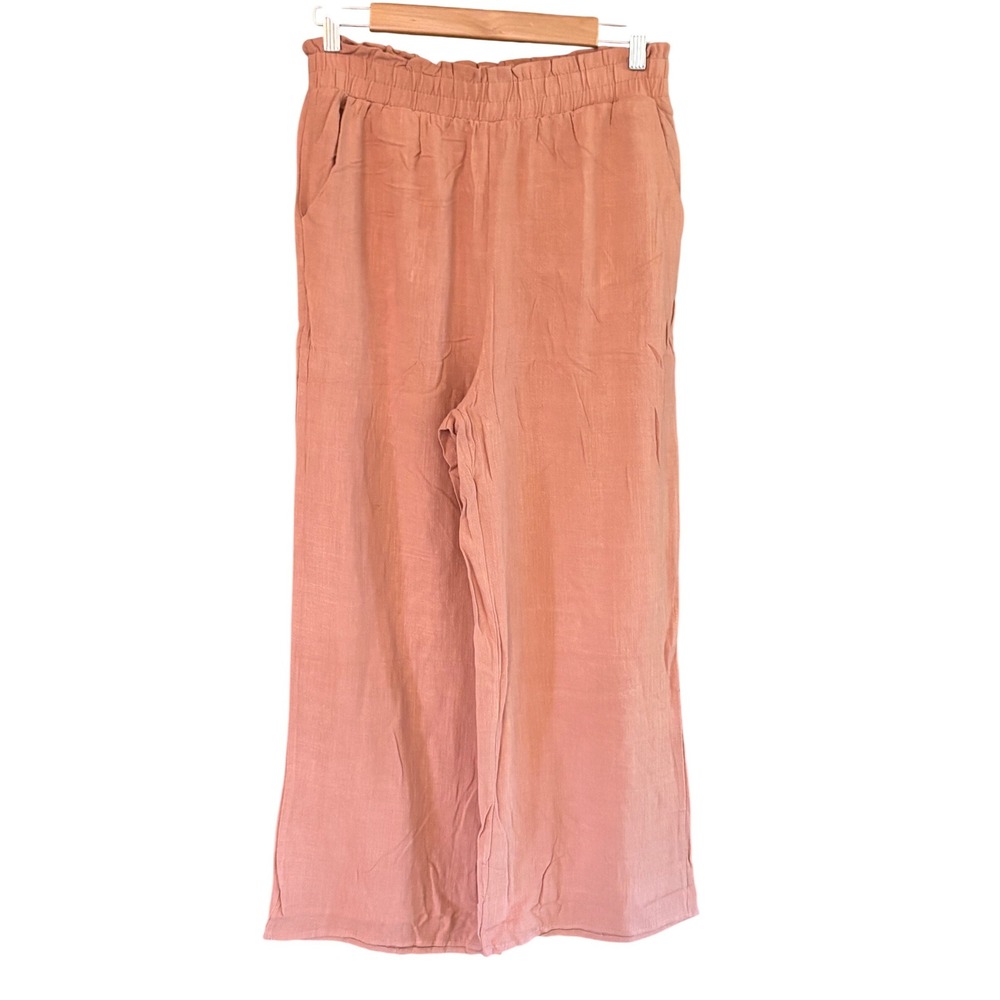 Ninexis Womens Terracotta Cotton Linen Wide Leg Paperbag Waist Pants Large NWT